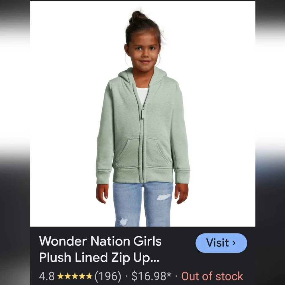 Wonder Nation Girl's Light Green Plush Lined Zip Up Hoodie Size Large (10-12)